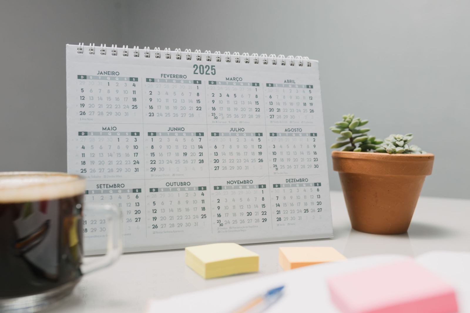 A 2025 calendar, a small succulent, and a cup of coffee on a white desk